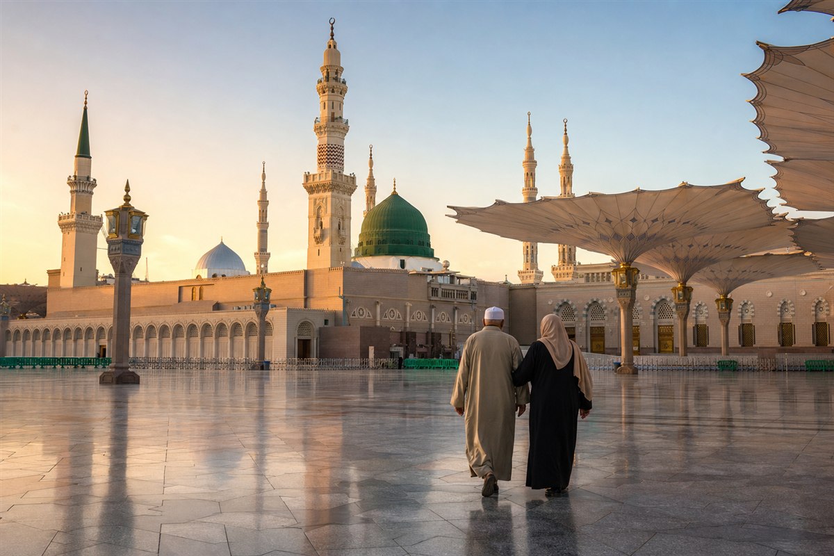 Elder pilgrims walking in the Prophet's Mosque courtyard