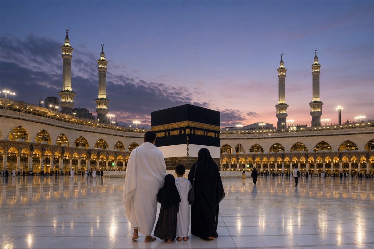 A family viewing the Kaaba at dawn