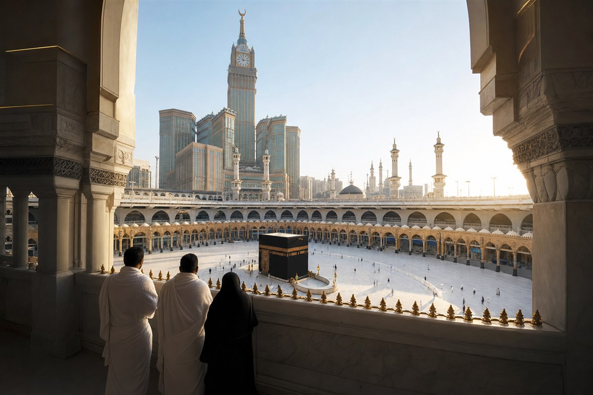 First-time pilgrims viewing the Kaaba from the Haram colonnade